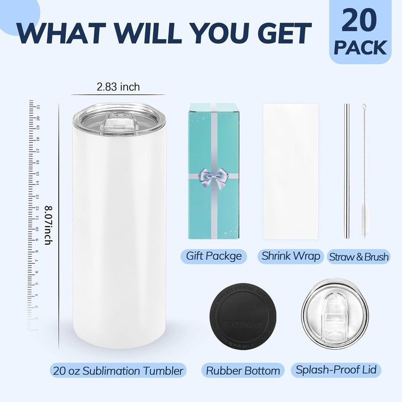 DS 20 Pack Sublimation Tumblers 20 oz Bulk Skinny Straight Flat Bottom Blank Tumbler Cups with Individual Gift Boxed for Heat Transfer DIY Craft - Image 2